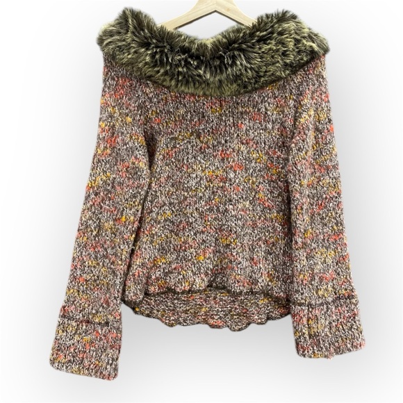 🇫🇷 Vtg Sharagano Paris Brown Faux Fur Collar Belted Wool Blend Sweater | M - Picture 2 of 11